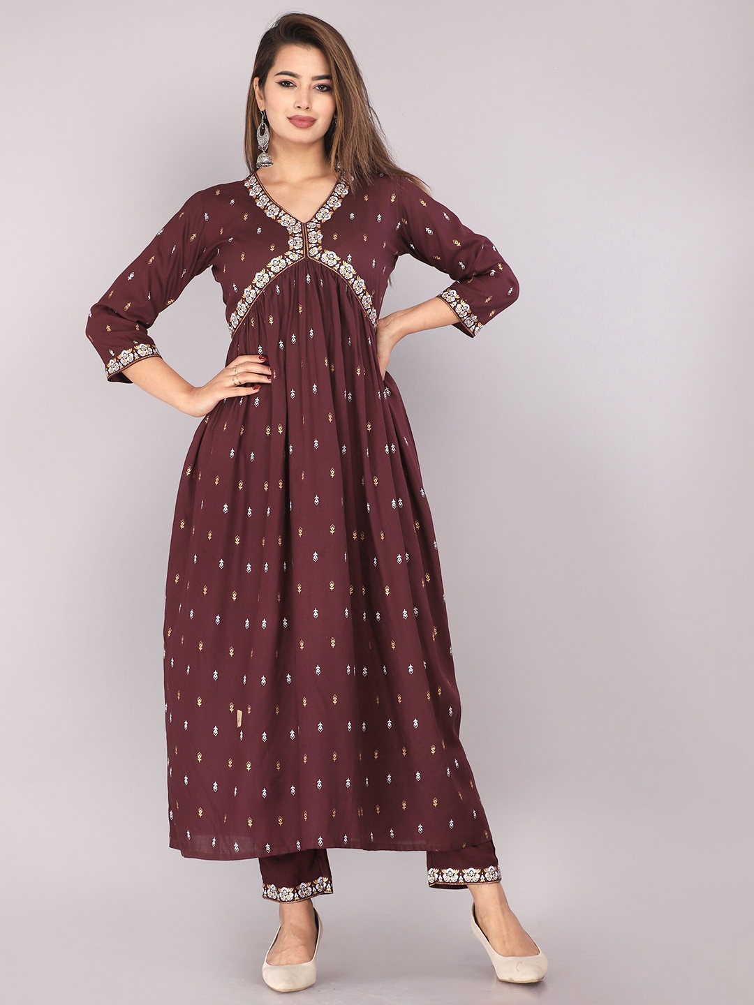 

MARISY Women Coffee Brown Ethnic Motifs Printed Empire Kurta with Trousers