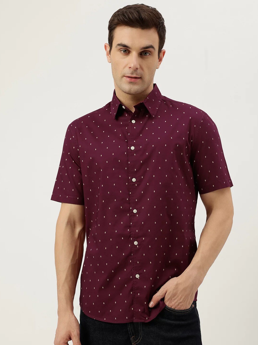 

Marks & Spencer Micro Ditsy Printed Spread Collar Casual Pure Cotton Shirt, Burgundy