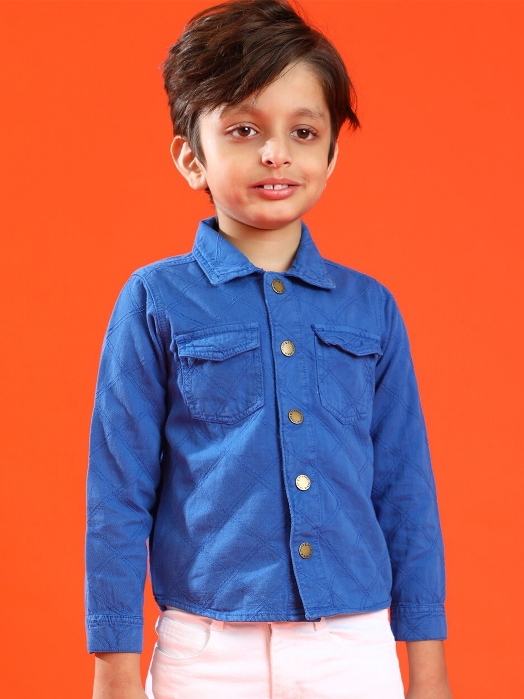 

TALES & STORIES Boys Spread Collar Long Sleeves Pockets Cotton Shacket, Blue