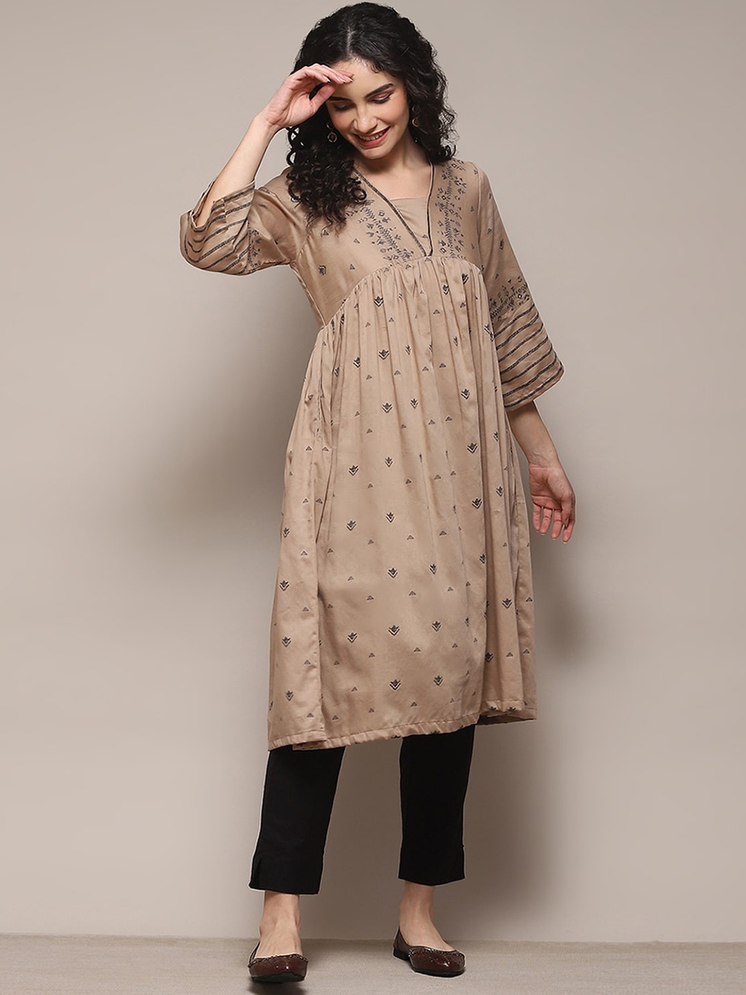 

Biba Ethnic Motifs Woven Design V-Neck Empire Anarkali Cotton Kurta, Taupe