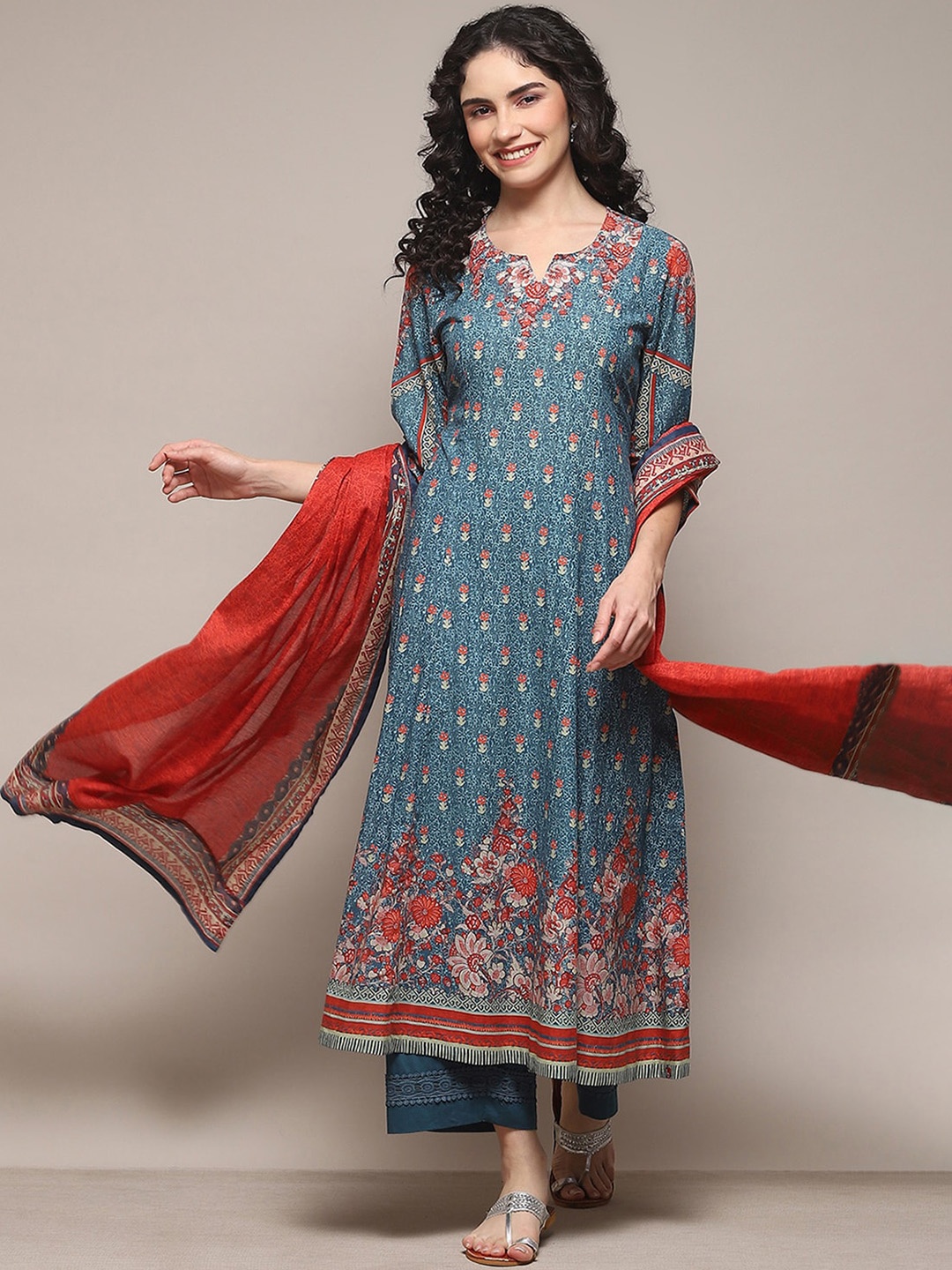 

Biba Floral Printed Kurta With Palazzos & Dupatta, Blue