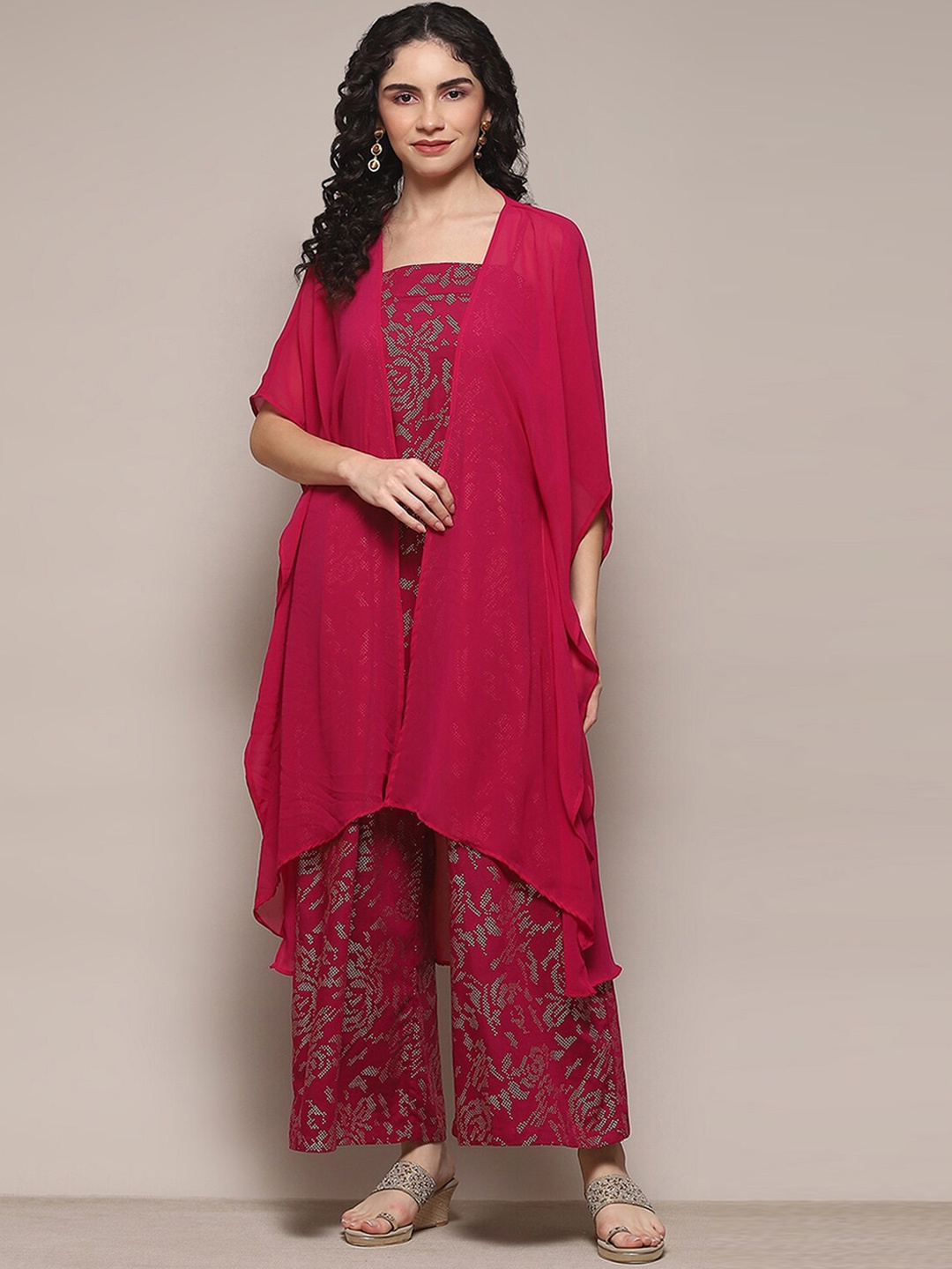 

Biba Floral Printed Shoulder Straps Basic Jumpsuit With Shrug, Red