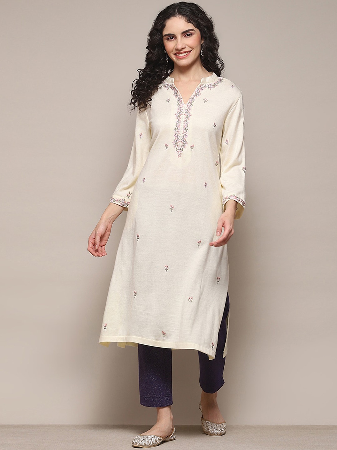 

Biba Yoke Design Thread Work Acrylic Kurta, Cream