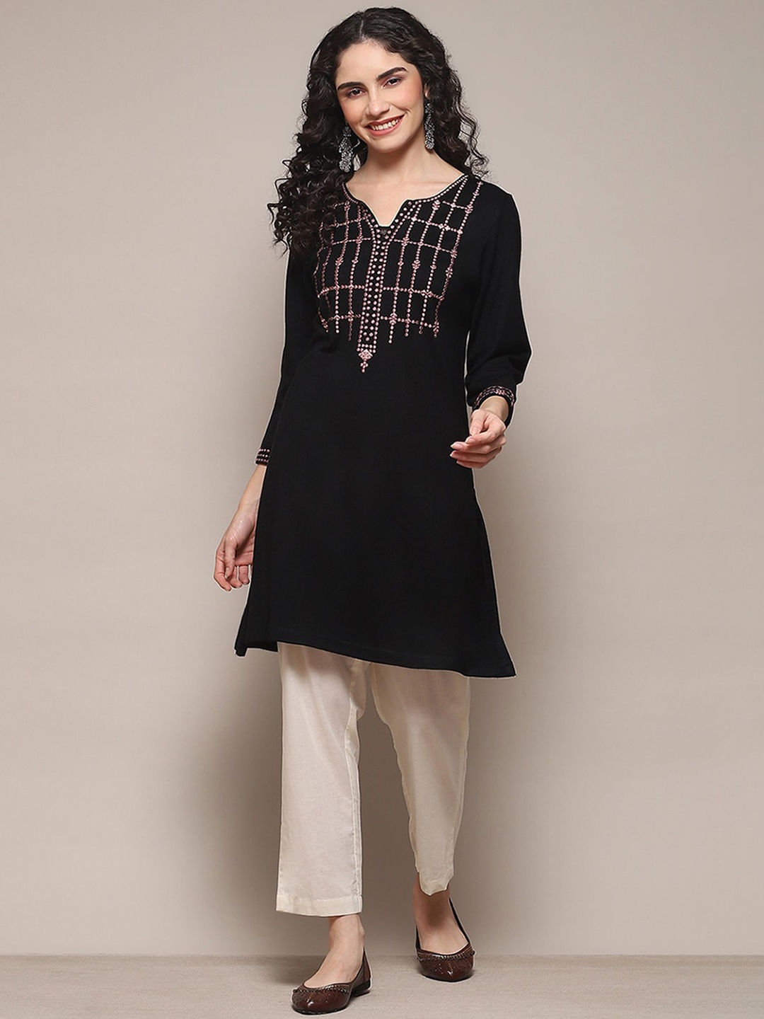 

Biba Yoke Design Thread Work Acrylic Kurta, Black