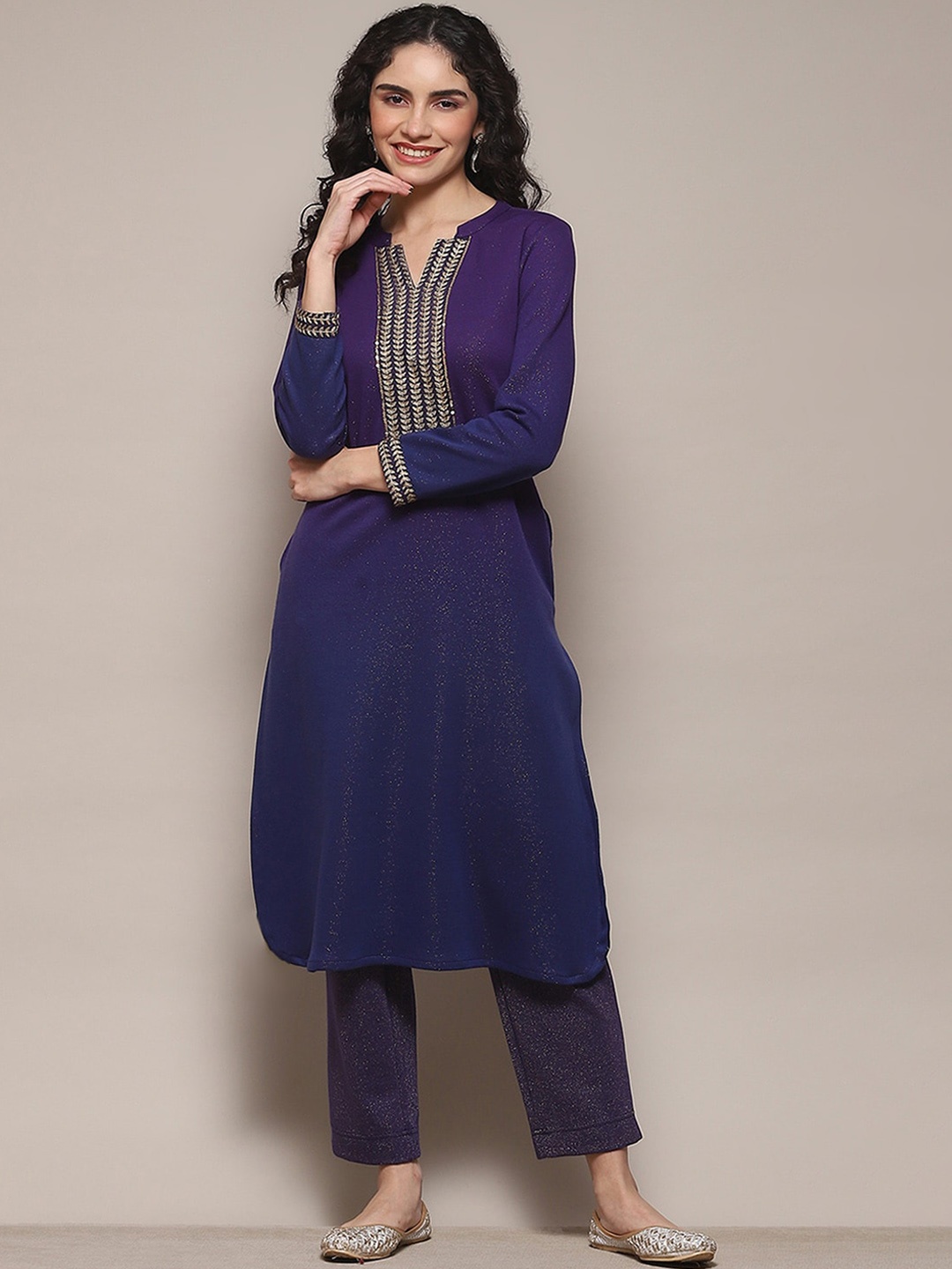 

Biba Ethnic Motifs Yoke Design Mandarin Collar Thread Work Sequined Kurta With Palazzo, Navy blue