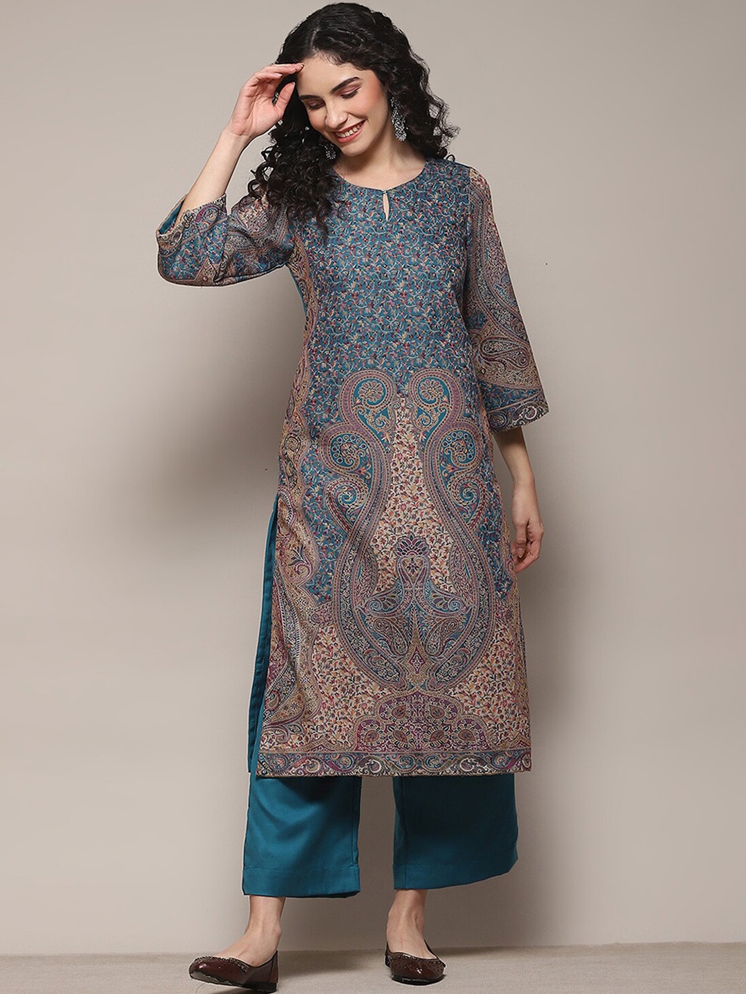 

Biba Floral Printed Straight Kurta with Palazzos, Blue