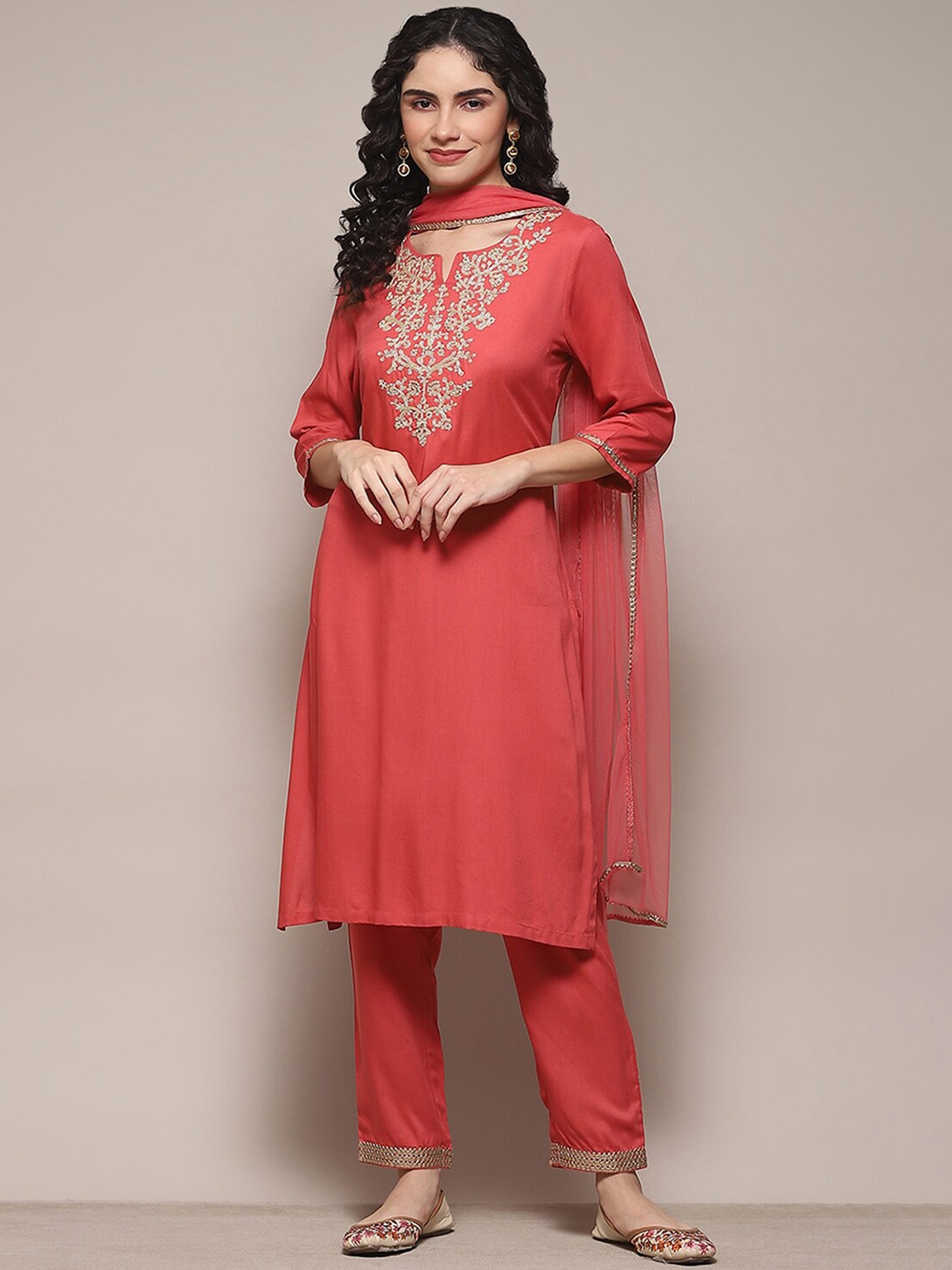 

Biba Embroidered Kurta With Trousers & Dupatta, Pink