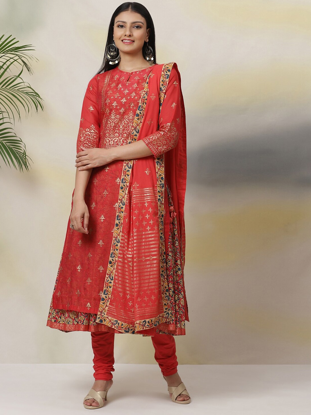 

Biba Ethnic Motifs Printed Kurta with Churidar Slip & Dupatta, Red