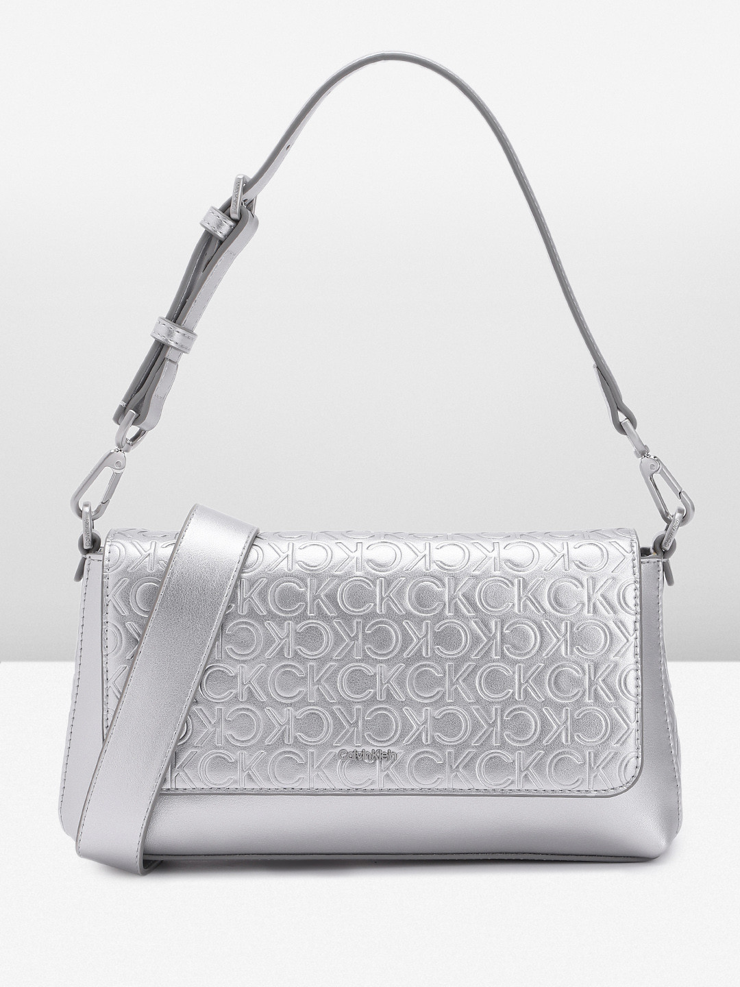 

Calvin Klein Brand Logo Textured Satchel, Silver