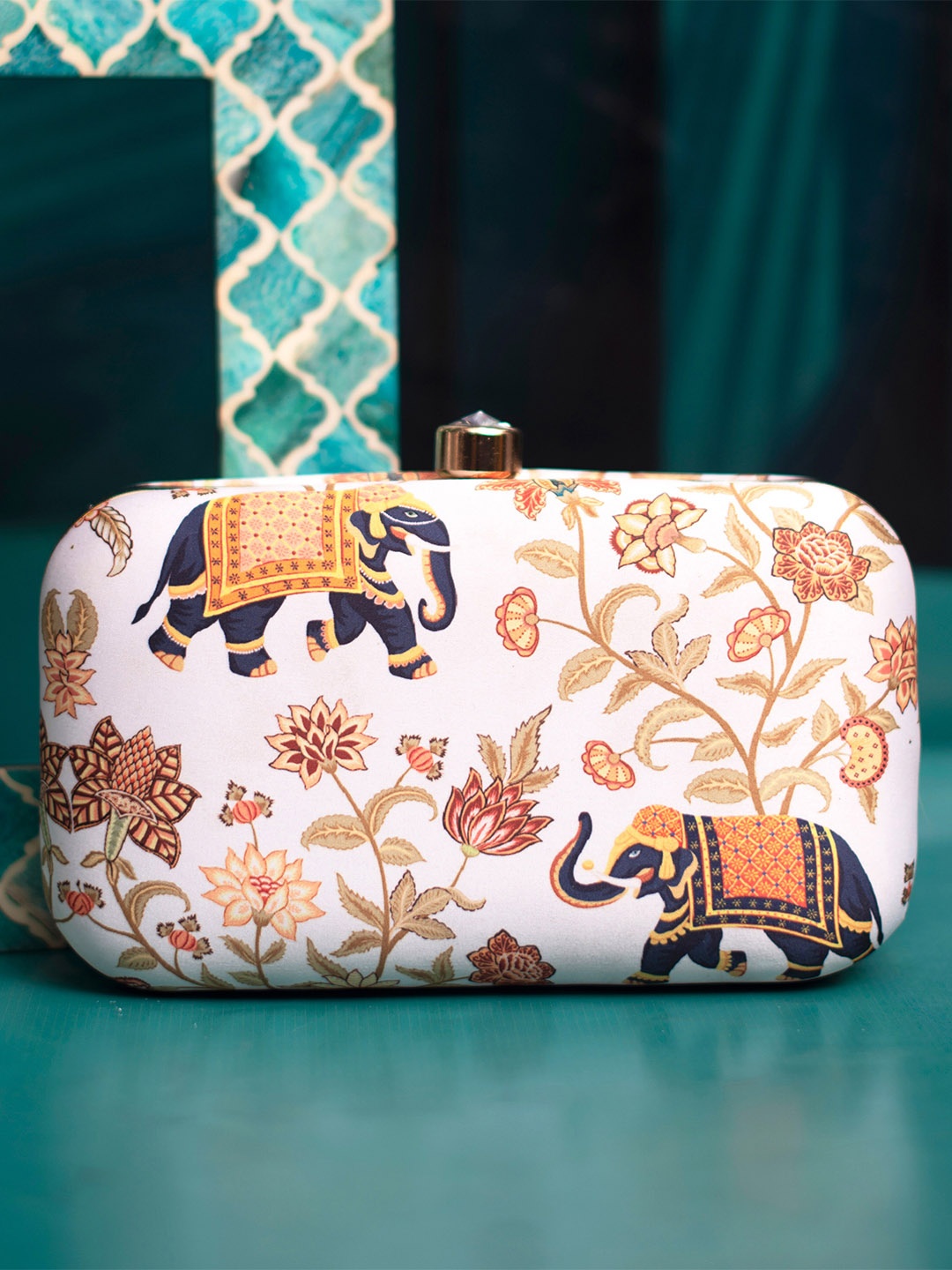 

ARTKLIM Floral Printed Box Clutch, White