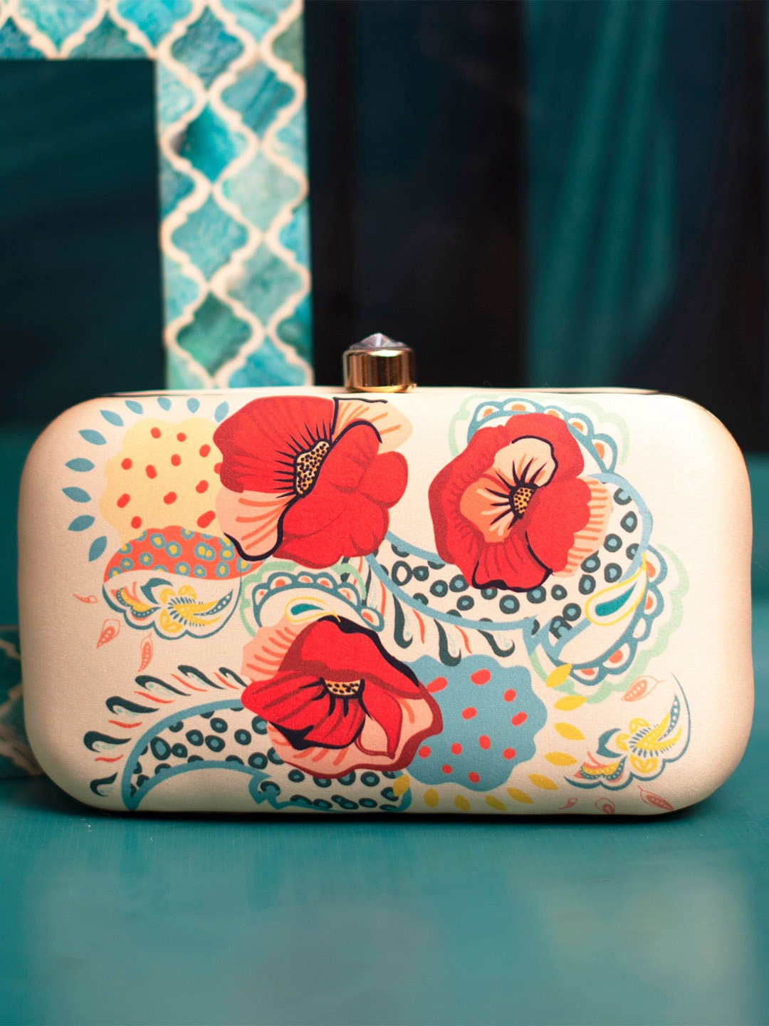 

ARTKLIM Floral Printed Box Clutch, Cream