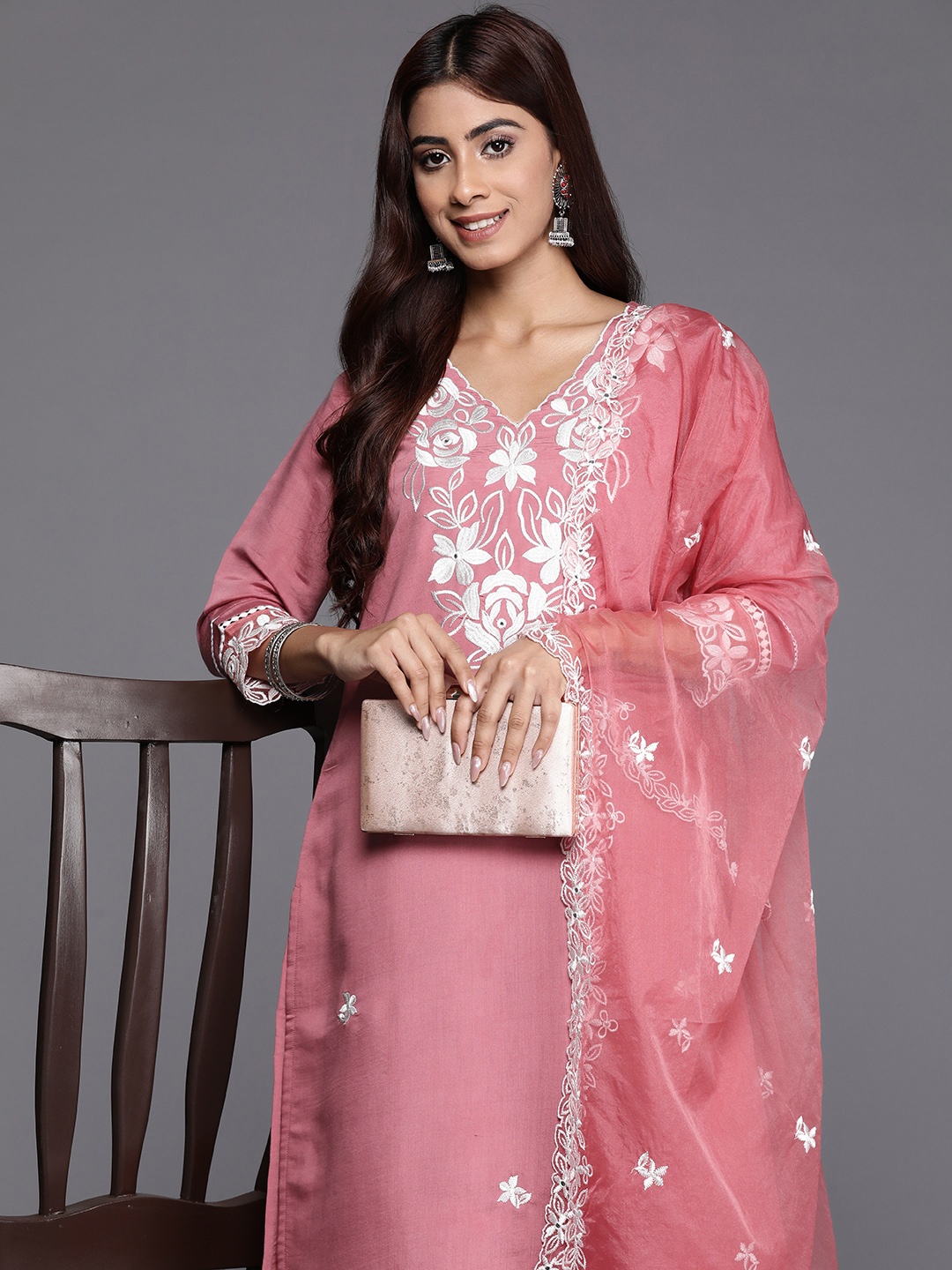 

Indo Era Women Floral Embroidered Regular Thread Work Kurta with Trousers & With Dupatta, Rust