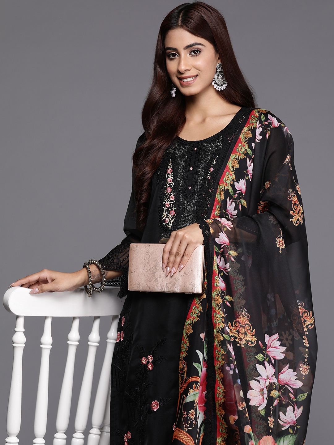 

Indo Era Women Floral Embroidered Regular Thread Work Kurta with Trousers & With Dupatta, Black