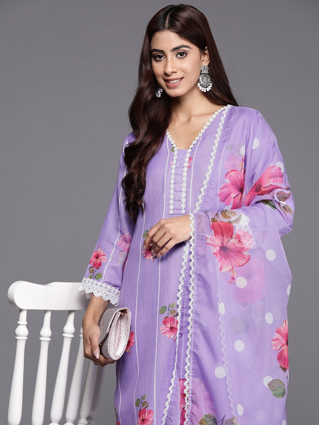 

Indo Era Women Floral Printed Regular Linen Kurta with Trousers & Dupatta, Lavender