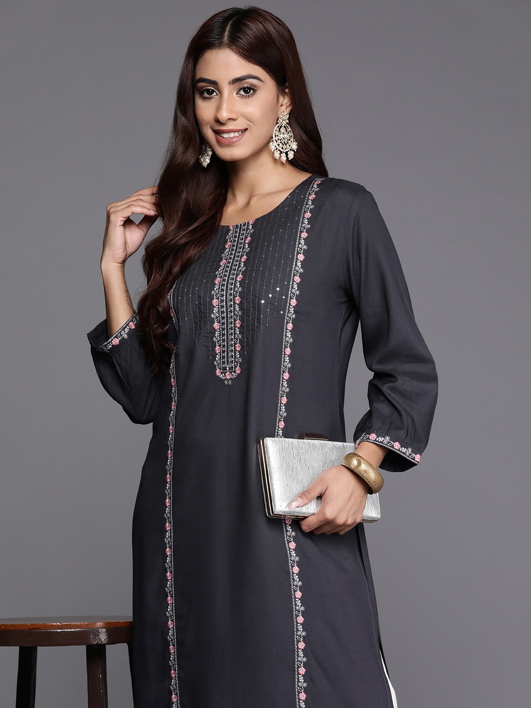 

Indo Era Women Embroidered Thread Work Floral Kurta, Grey