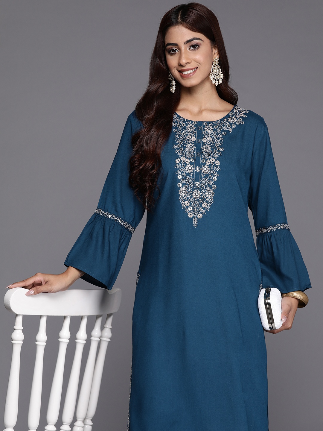 

Indo Era Women Embroidered Bell Sleeves Thread Work Floral Kurta, Teal