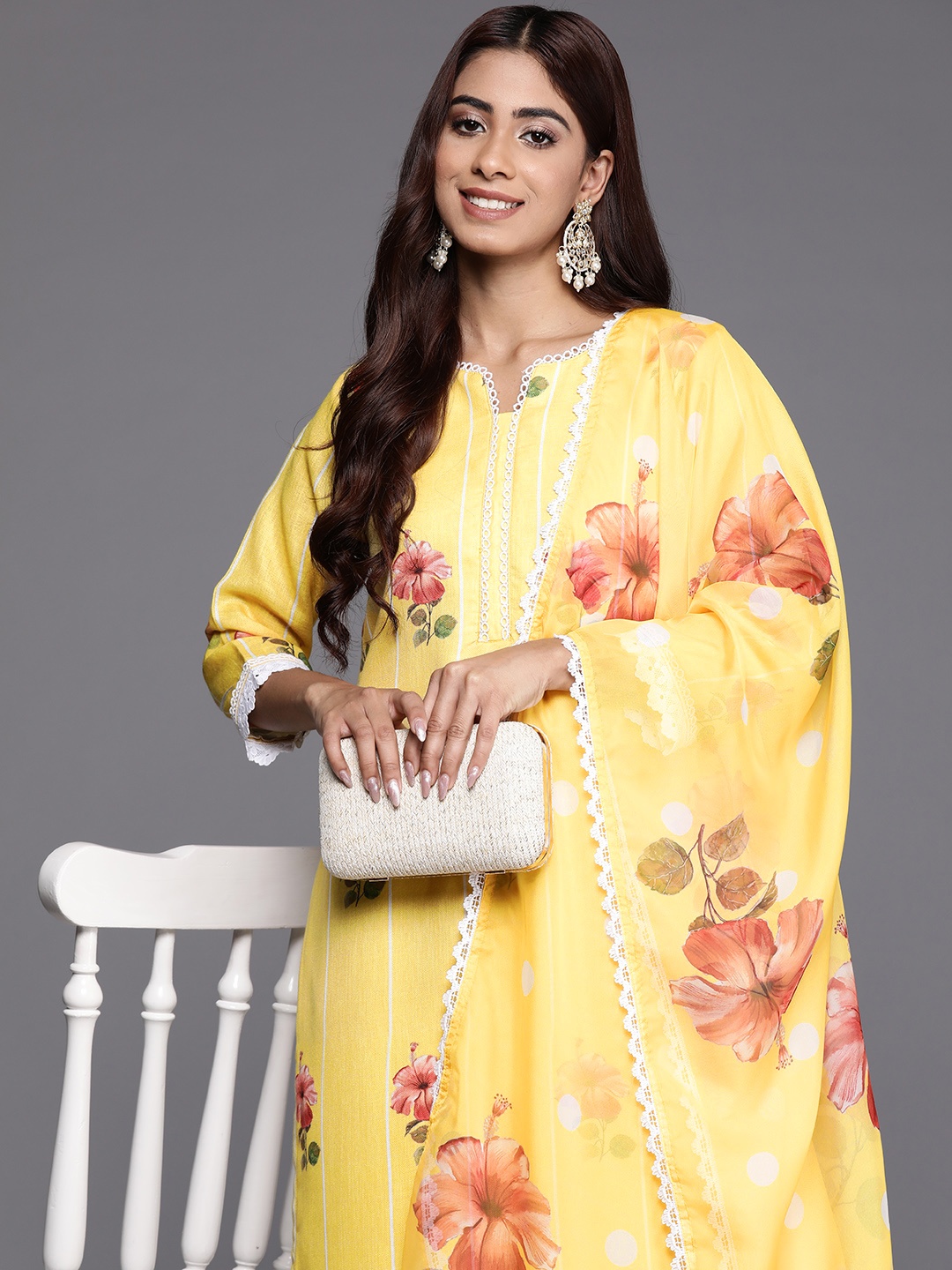 

Indo Era Women Floral Printed Regular Linen Kurta with Trousers & Dupatta, Yellow