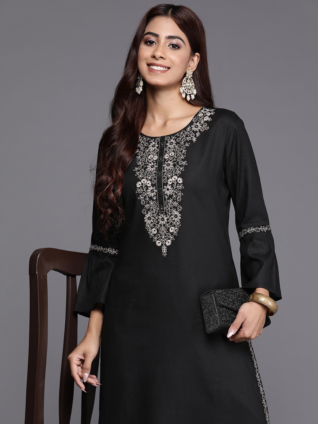 

Indo Era Women Embroidered Bell Sleeves Thread Work Floral Kurta, Black