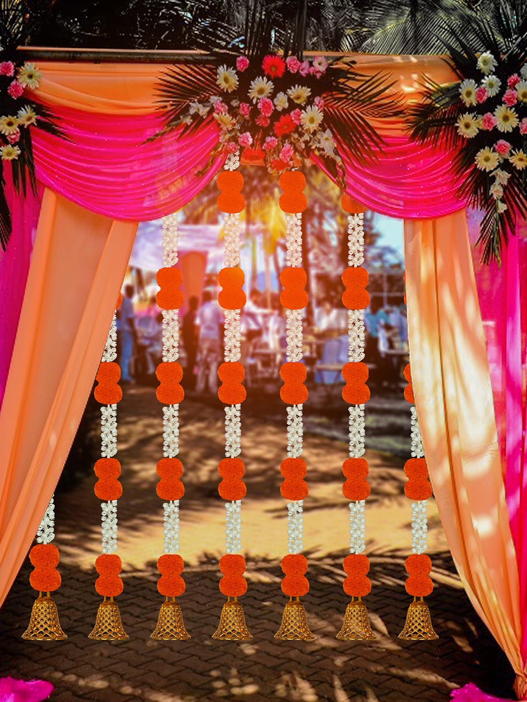 

iHandikart White & Orange 15 Pieces Hanging Marigold Artificial Flower With Bell