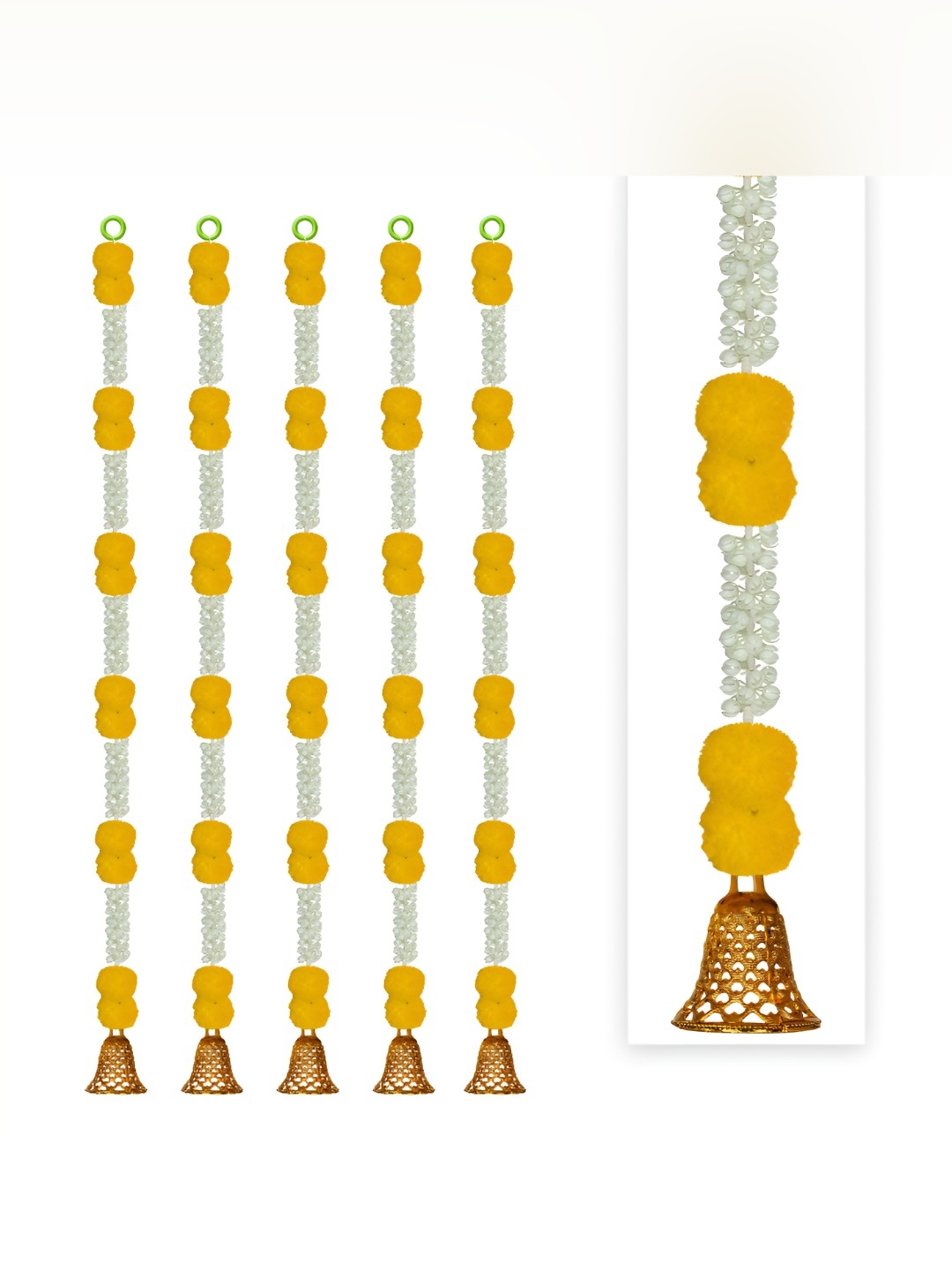 

iHandikart White & Yellow 5 Pieces Hanging Marigold Artificial Flower With Bell