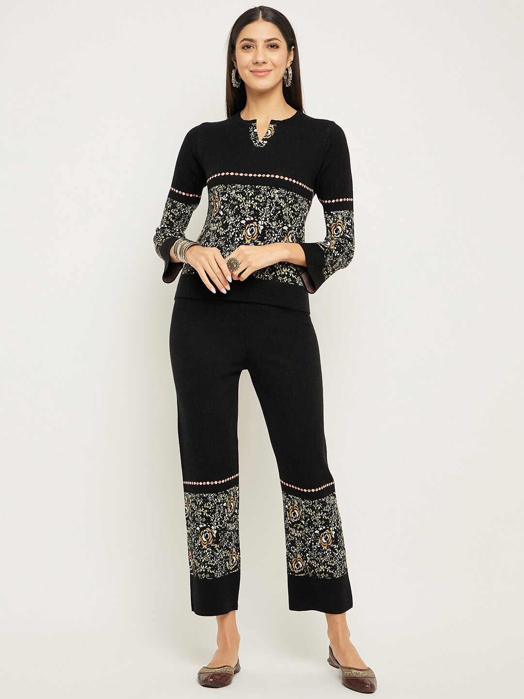 

Zigo Self Design Round Neck Sweater With Trousers, Black