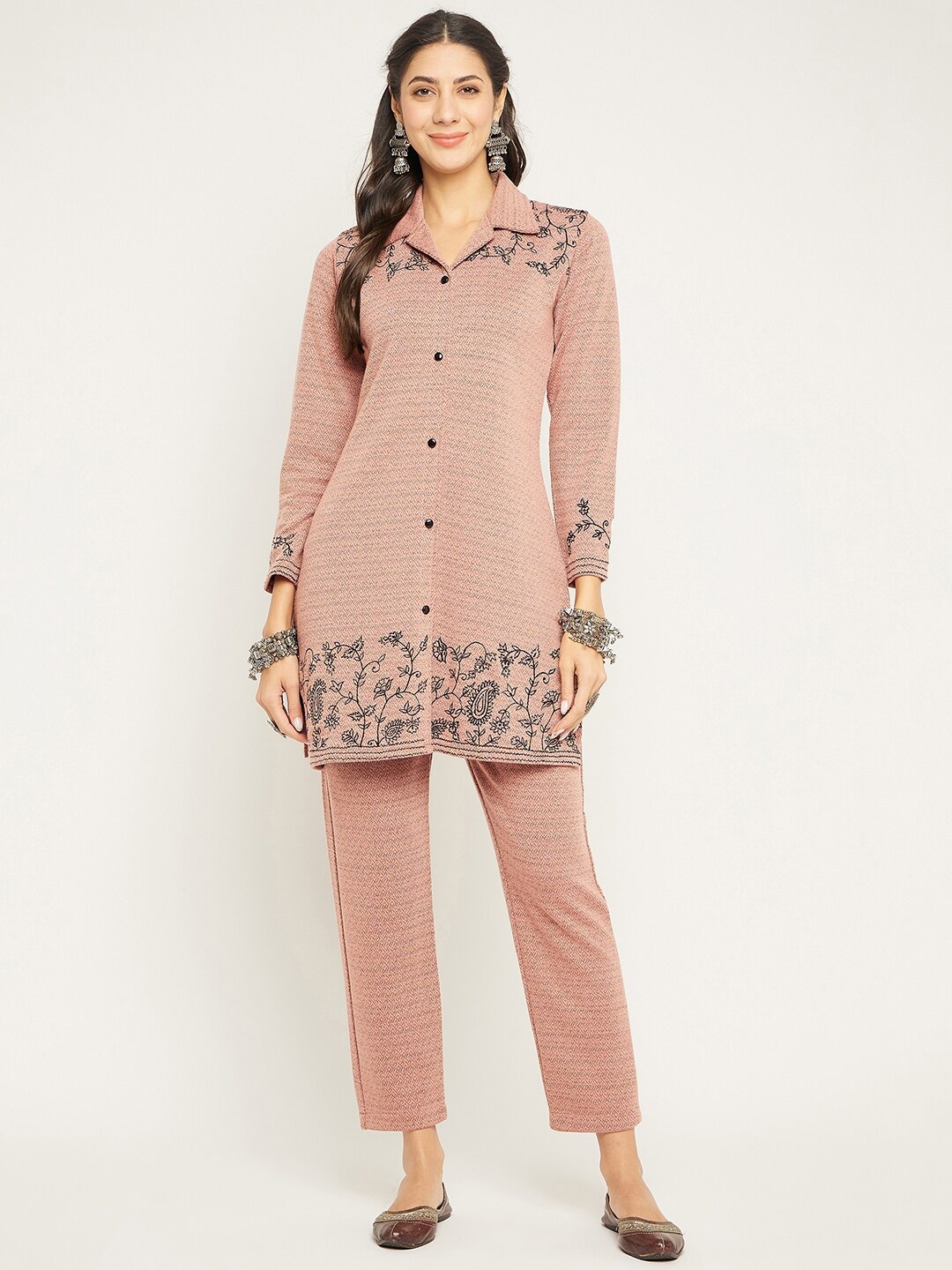 

Zigo Floral Embroidered Shirt Collar Three-Quarter Sleeves Acrylic Tunic With Trouser, Peach