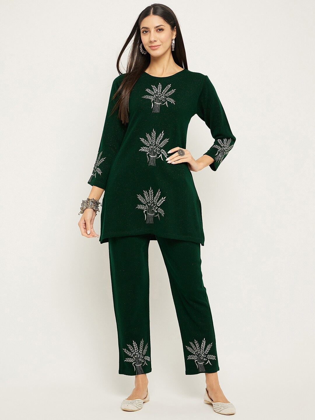 

Zigo Floral Embroidered Knitted Tunic With Trousers, Green