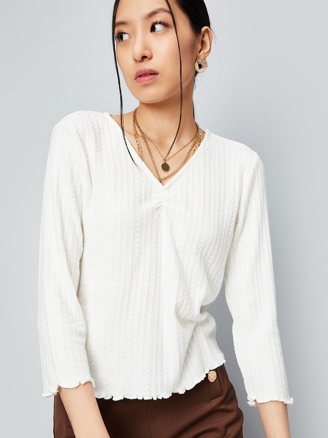 

max Self Design V-Neck Three-Quarter Sleeves Regular Top, White