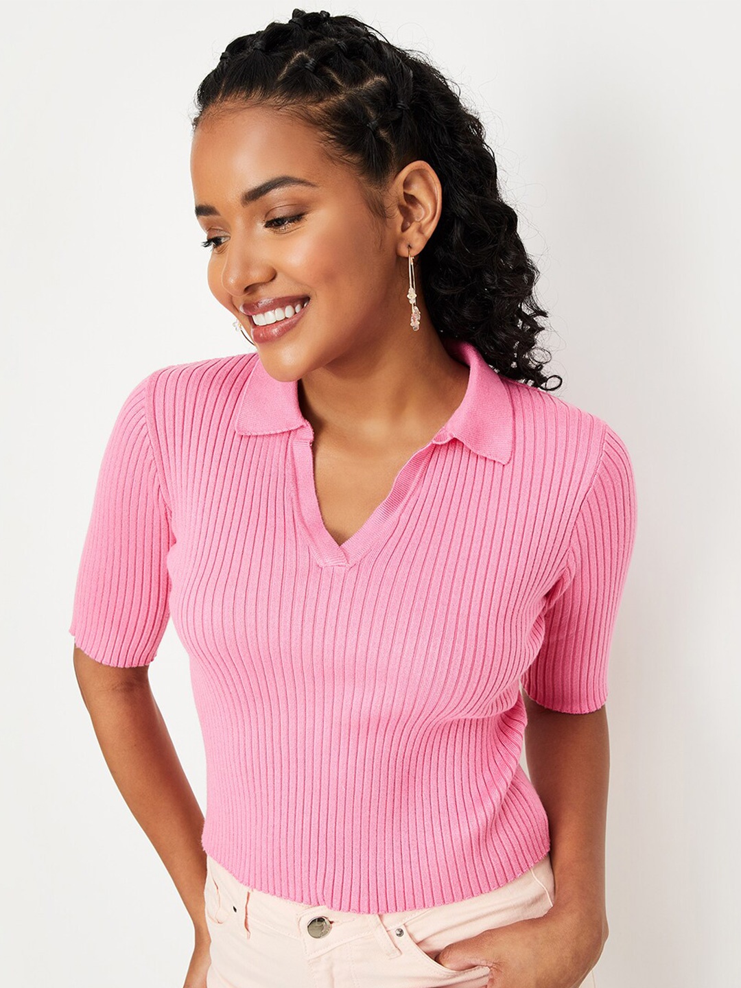

max Ribbed Shirt Collar Short Sleeves Fitted Crop Top, Pink