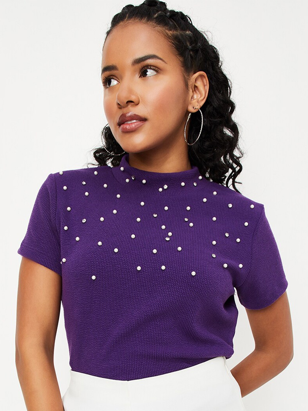 

max Embellished High Neck Short Sleeves Regular Top, Purple