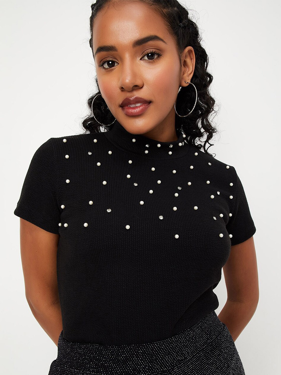 

max Embellished High Neck Short Sleeves Regular Top, Black