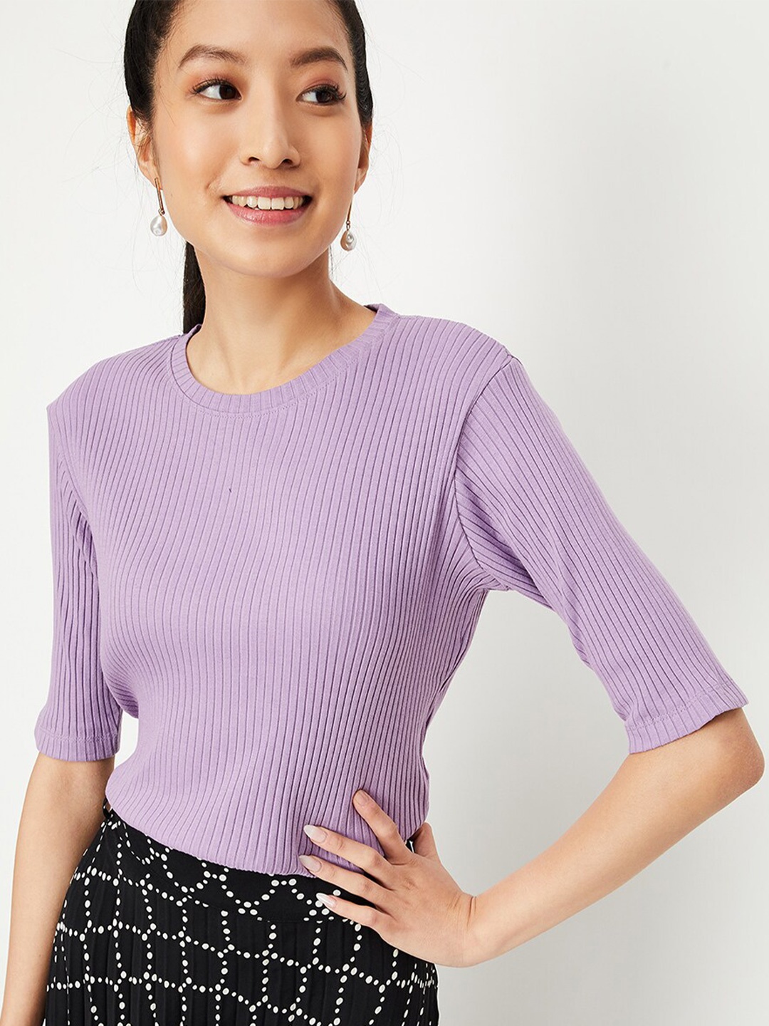

max Ribbed Round Neck Short Sleeves Regular Top, Purple