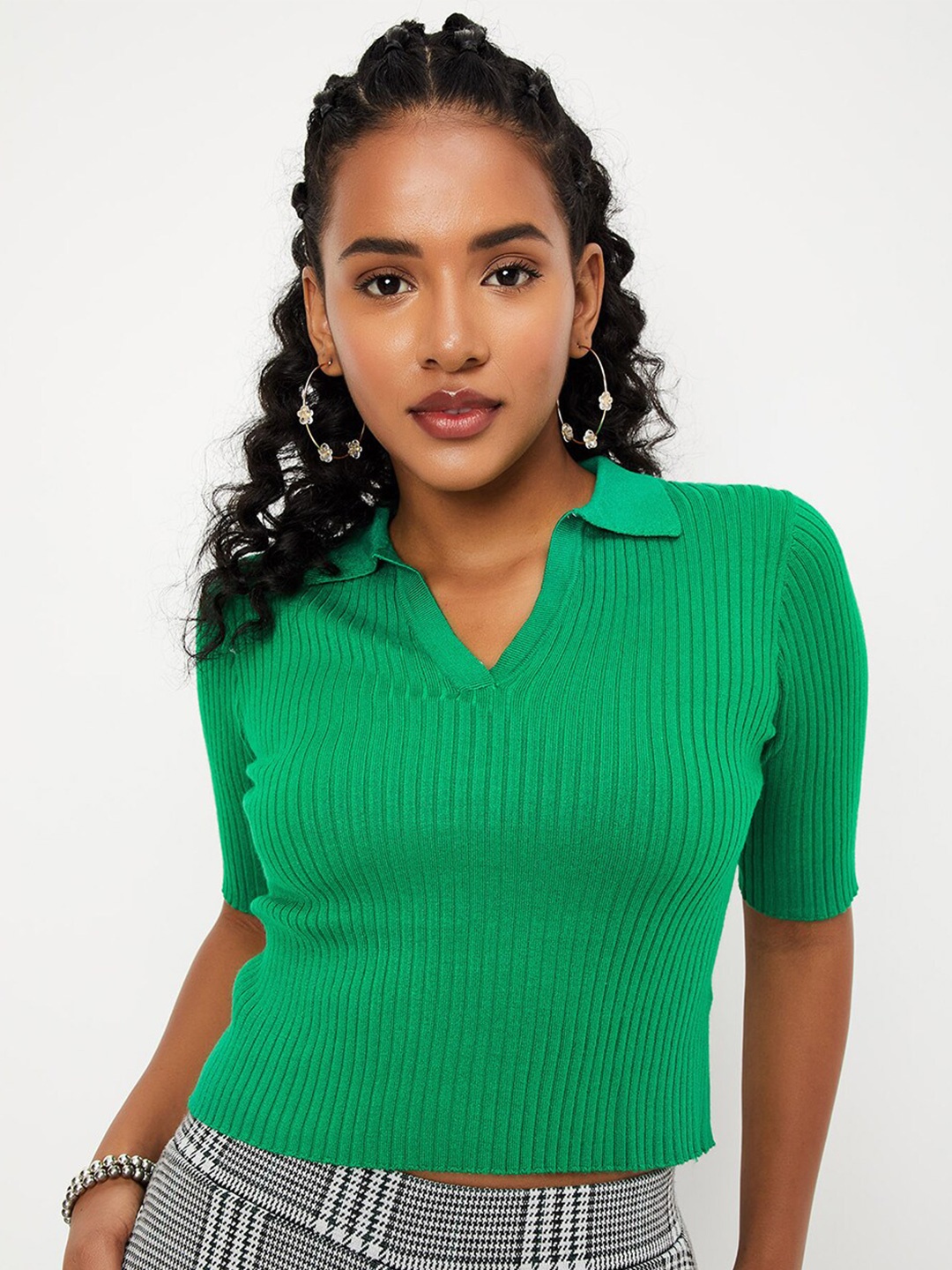 

max Ribbed Shirt Collar Short Sleeves Fitted Crop Top, Green