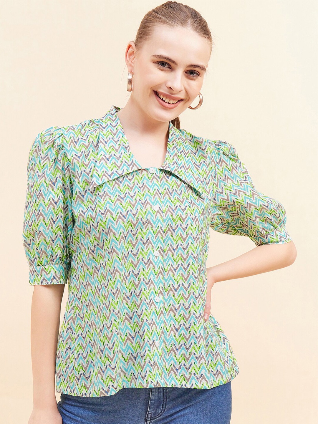 

Mast & Harbour Green & Mauve Abstract Printed Cotton Shirt Style Top