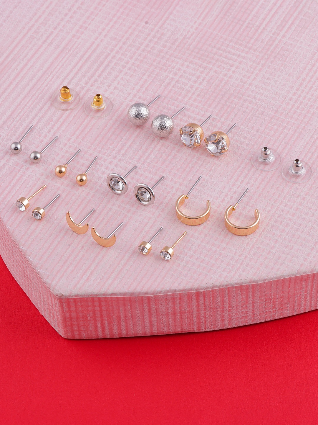 

DressBerry Set Of 9 Gold-Plated Stone-Studded Classic Studs Earrings