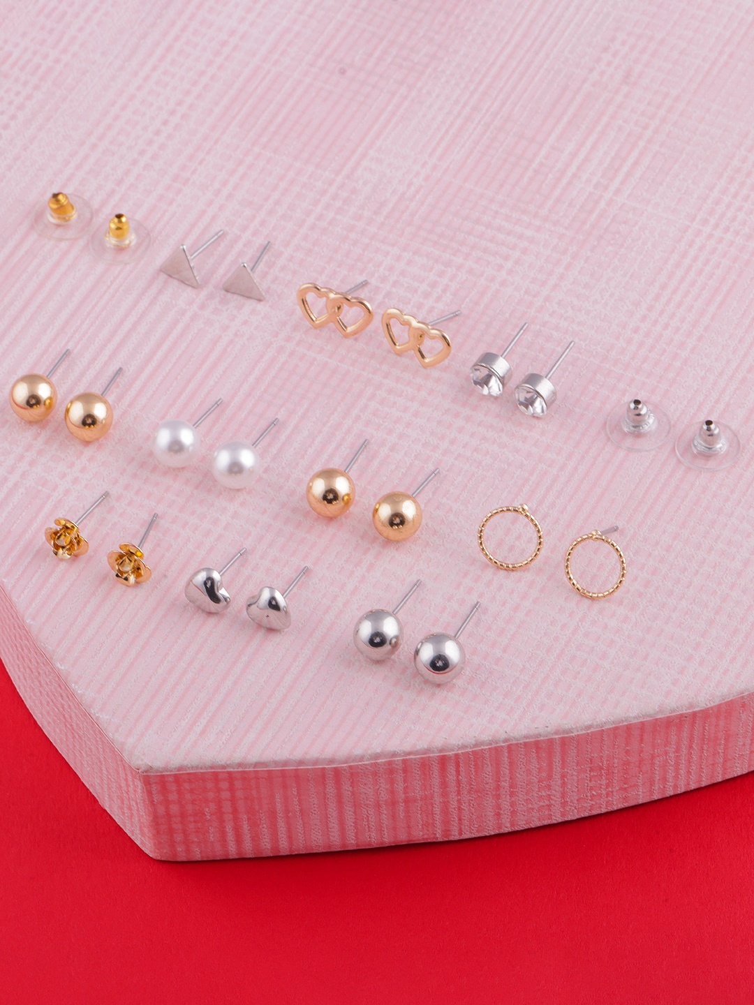 

DressBerry Set Of 10 Gold-Plated Stones & Bead-Studded Classic Studs Earrings