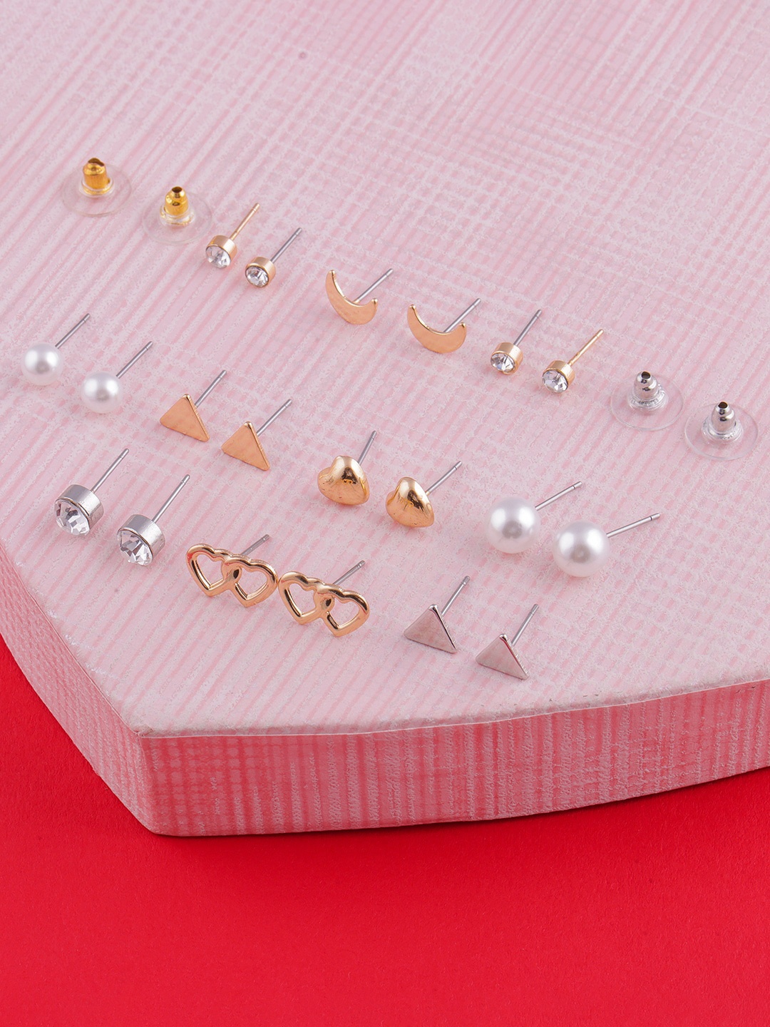 

DressBerry Set Of 10 Gold-Plated Stones & Beads-Studded Classic Studs Earrings