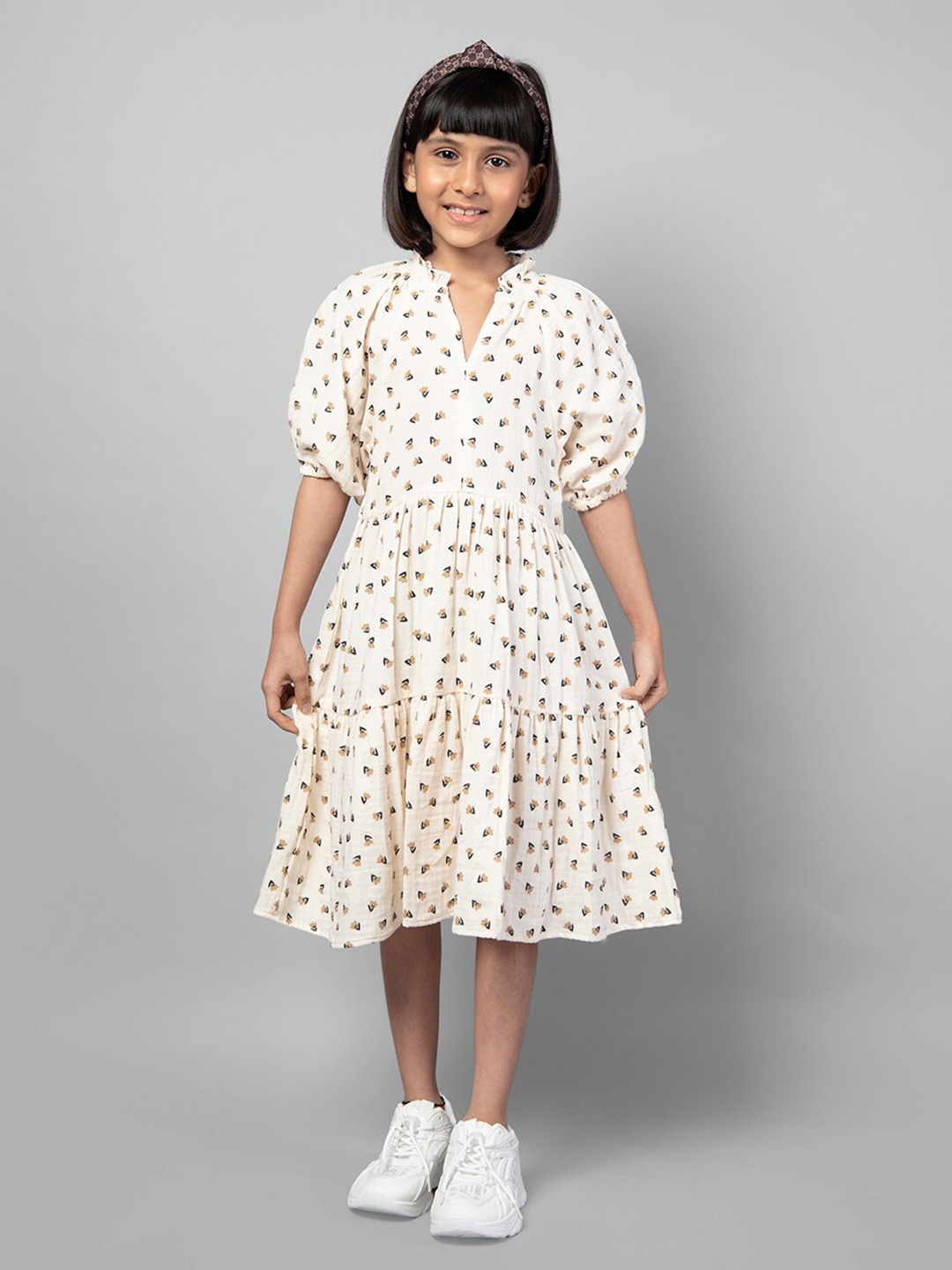 

ZIP ZAP ZOOP Girls Floral Printed Mandarin Collar Cotton Fit & Flare Dress, Off white