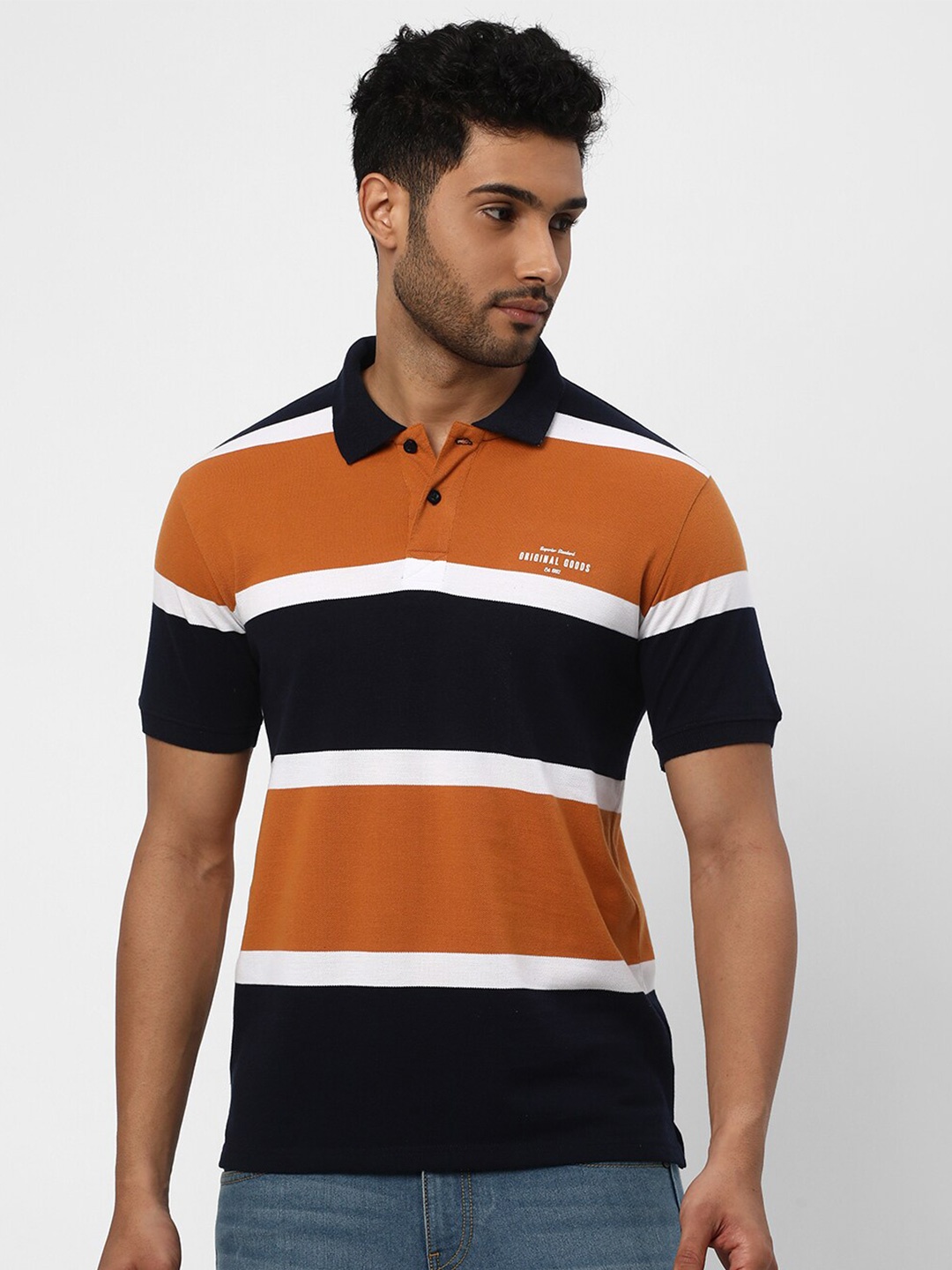 

R&B Striped Polo Collar Casual Cotton T-shirt, Navy blue