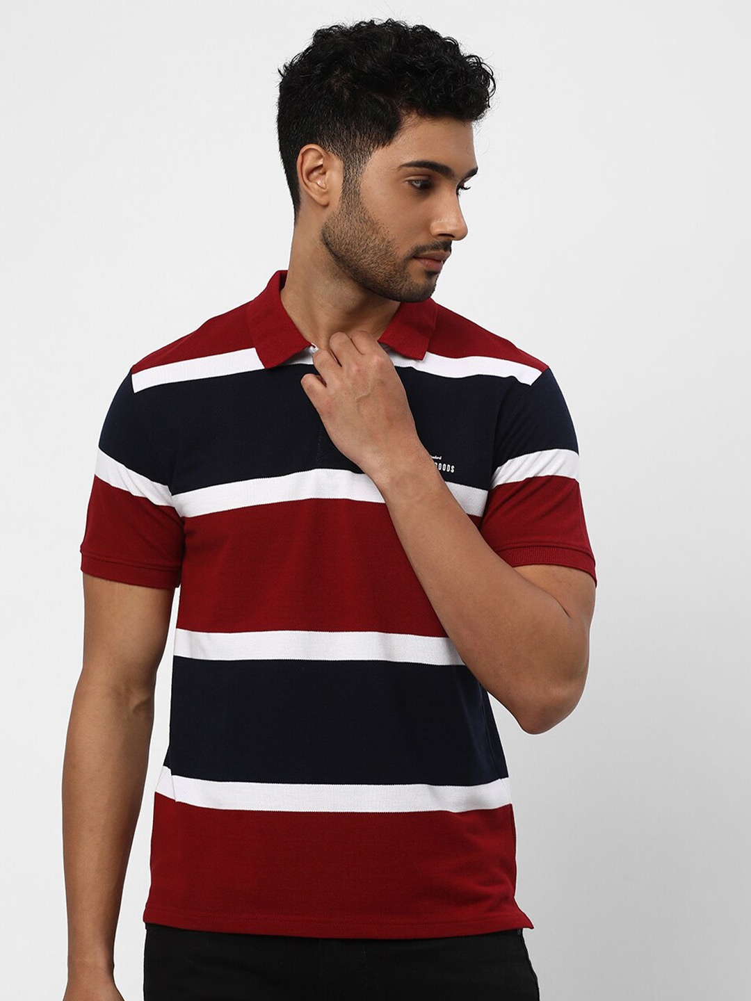 

R&B Striped Polo Collar Casual Cotton T-shirt, Red