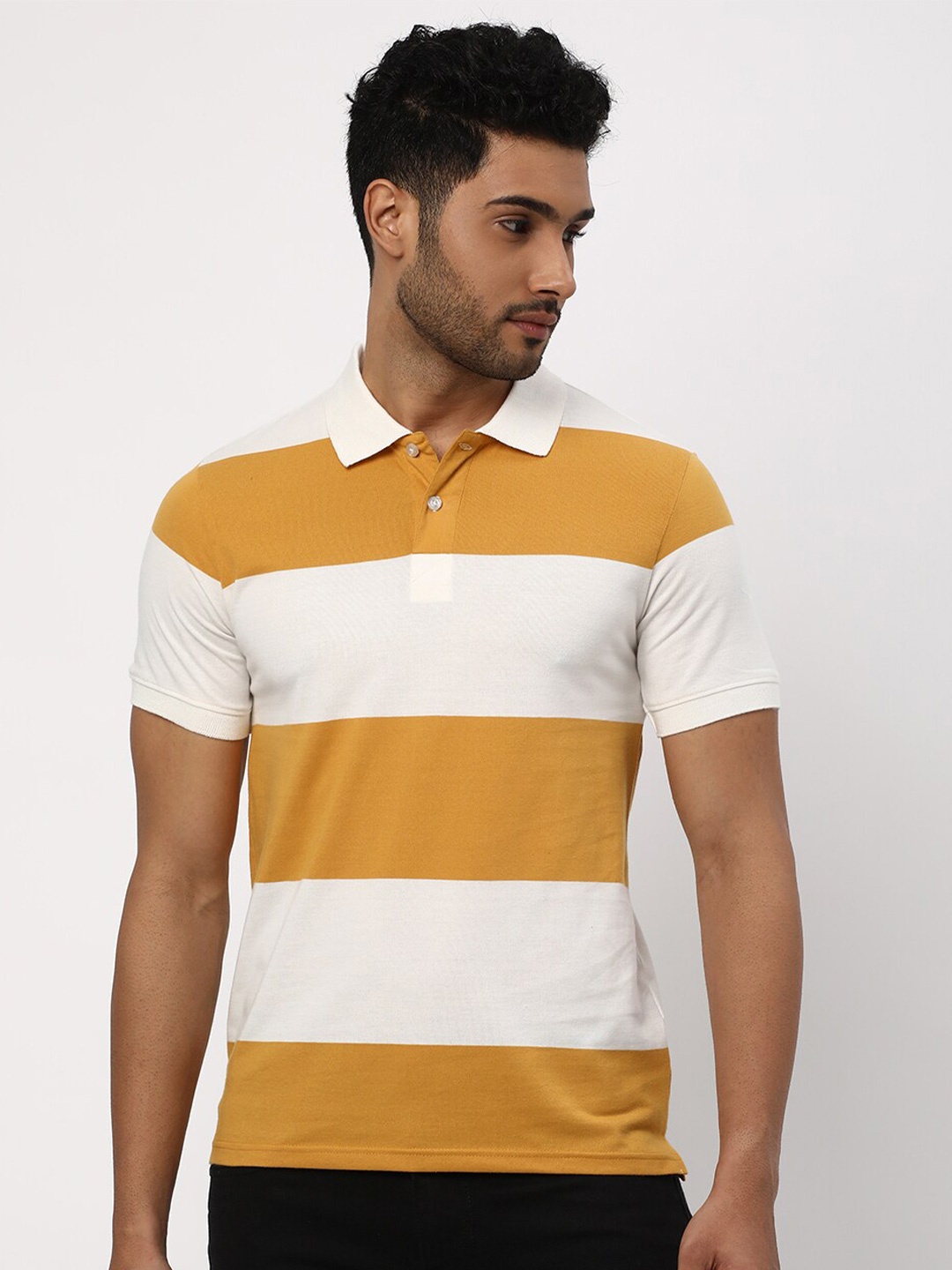 

R&B Striped Polo Collar Cotton T-shirt, Yellow