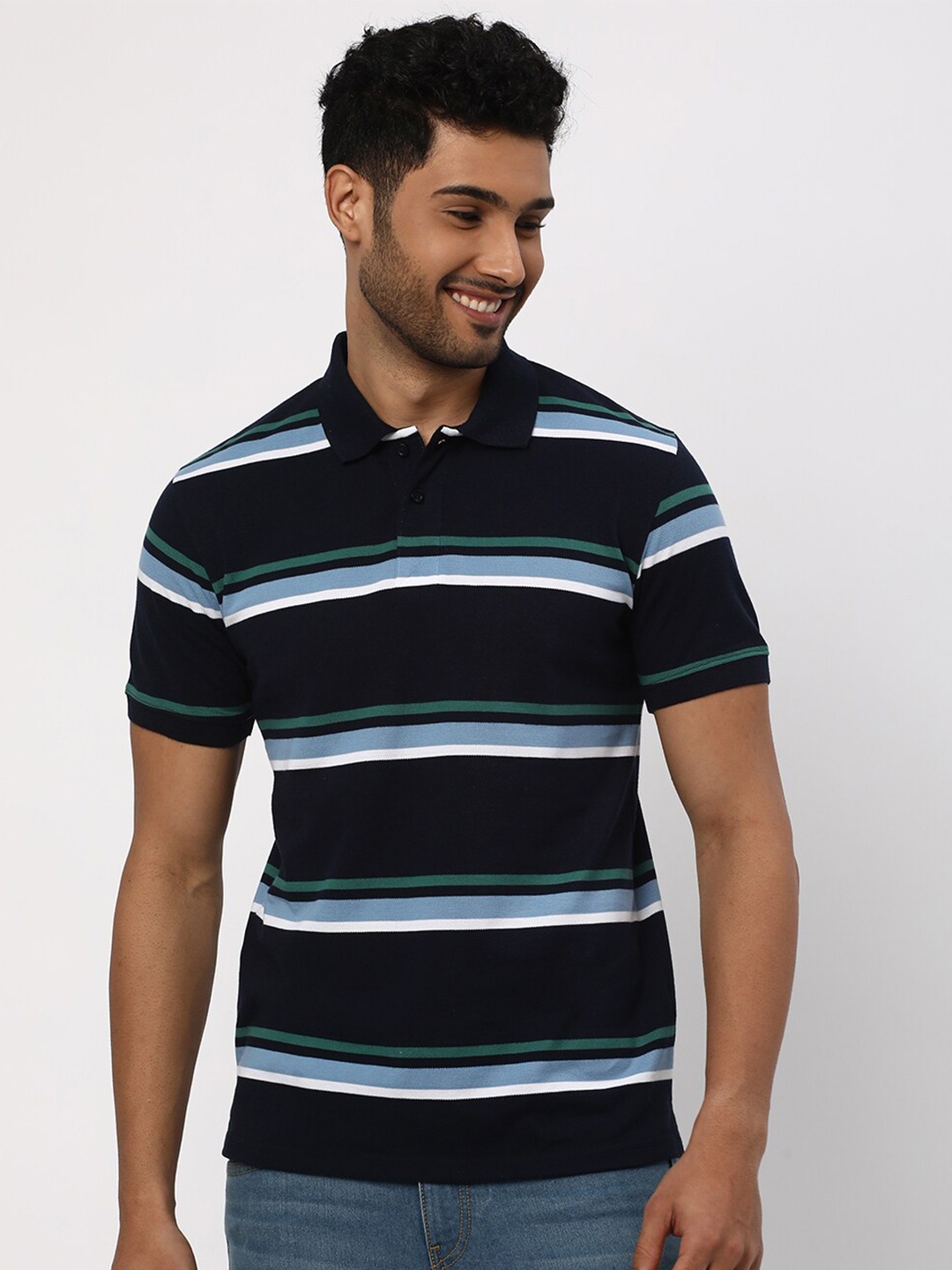 

R&B Striped Polo Collar Cotton T-shirt, Navy blue