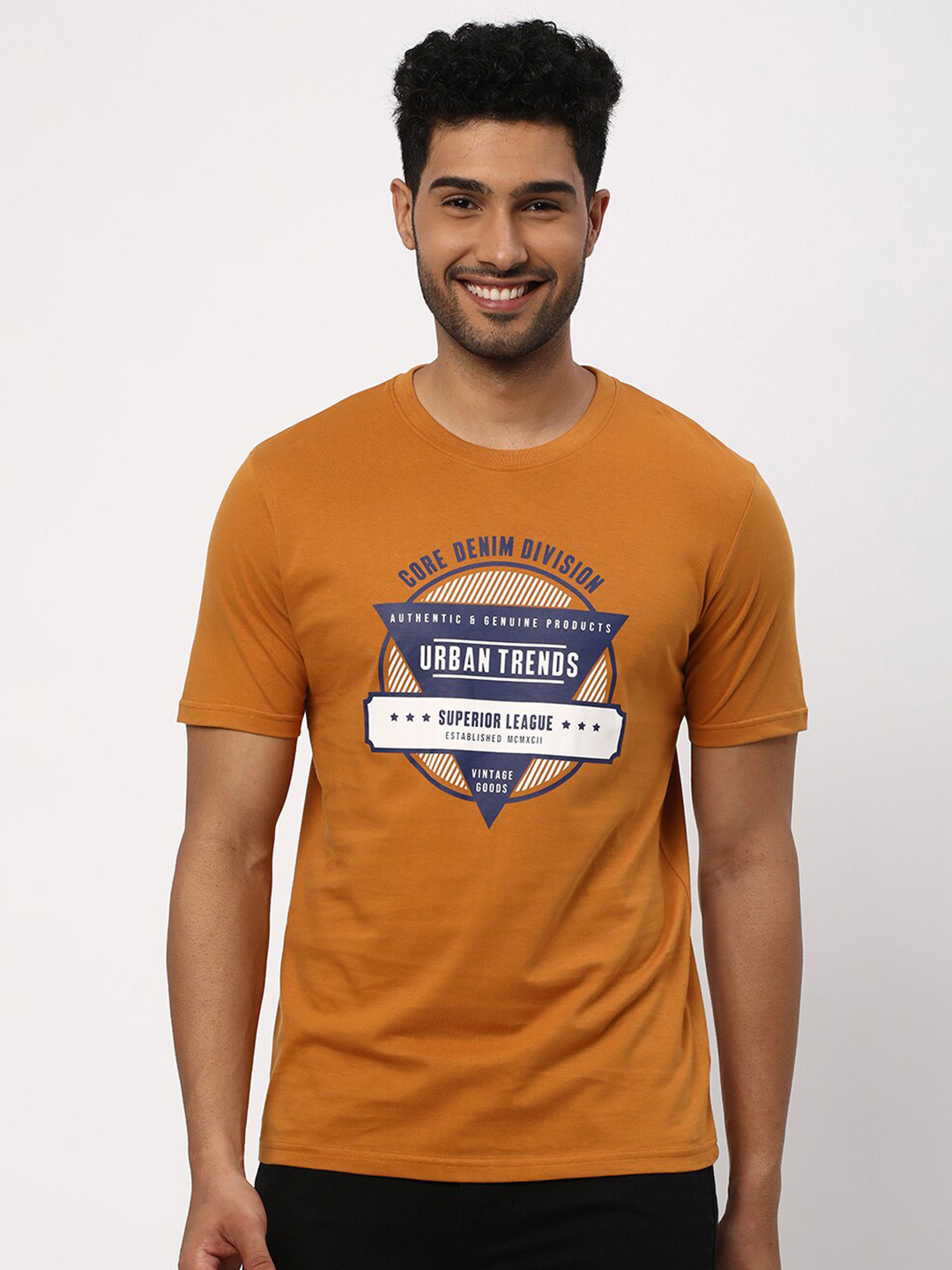 

R&B Typography Printed Cotton Round Neck Cotton T-shirt, Mustard