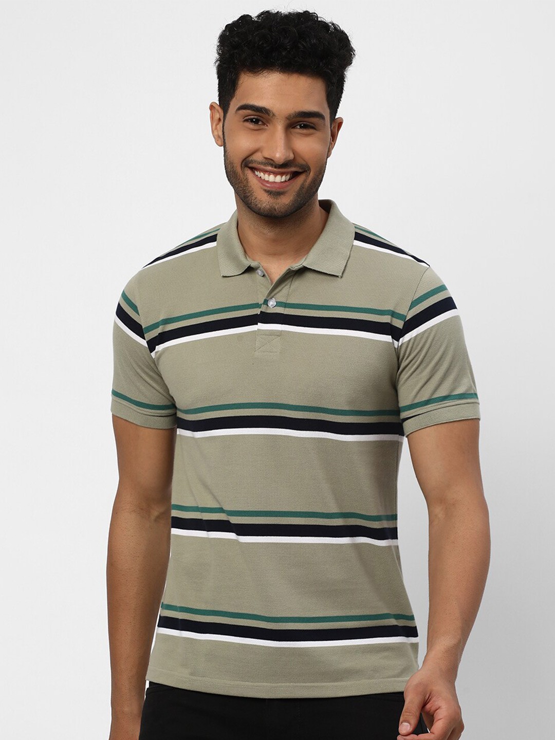 

R&B Striped Polo Collar Cotton T-shirt, Green