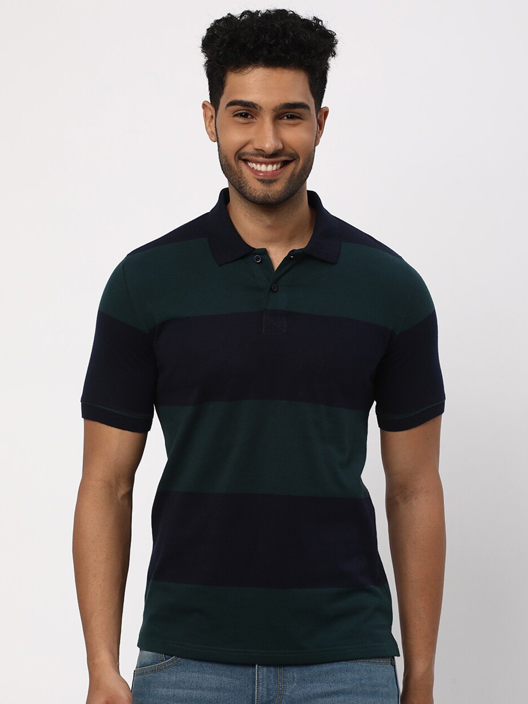 

R&B Striped Polo Collar Cotton T-shirt, Green