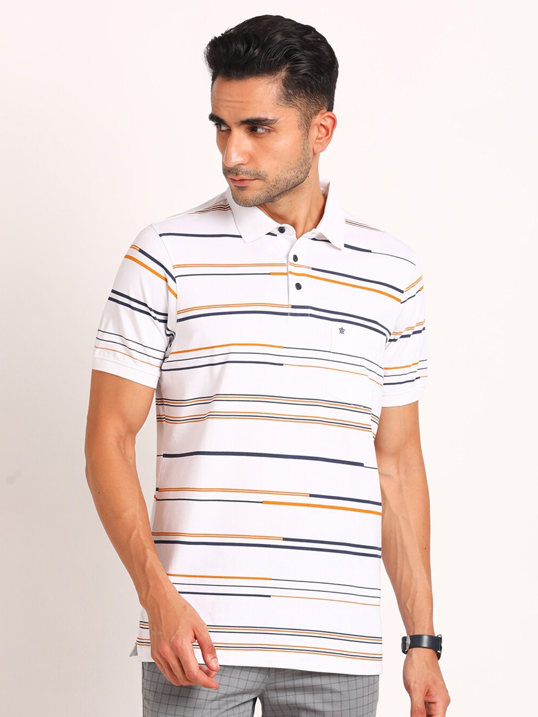 

Turtle Striped Polo Collar Pure Cotton Slim Fit T-shirt, Off white