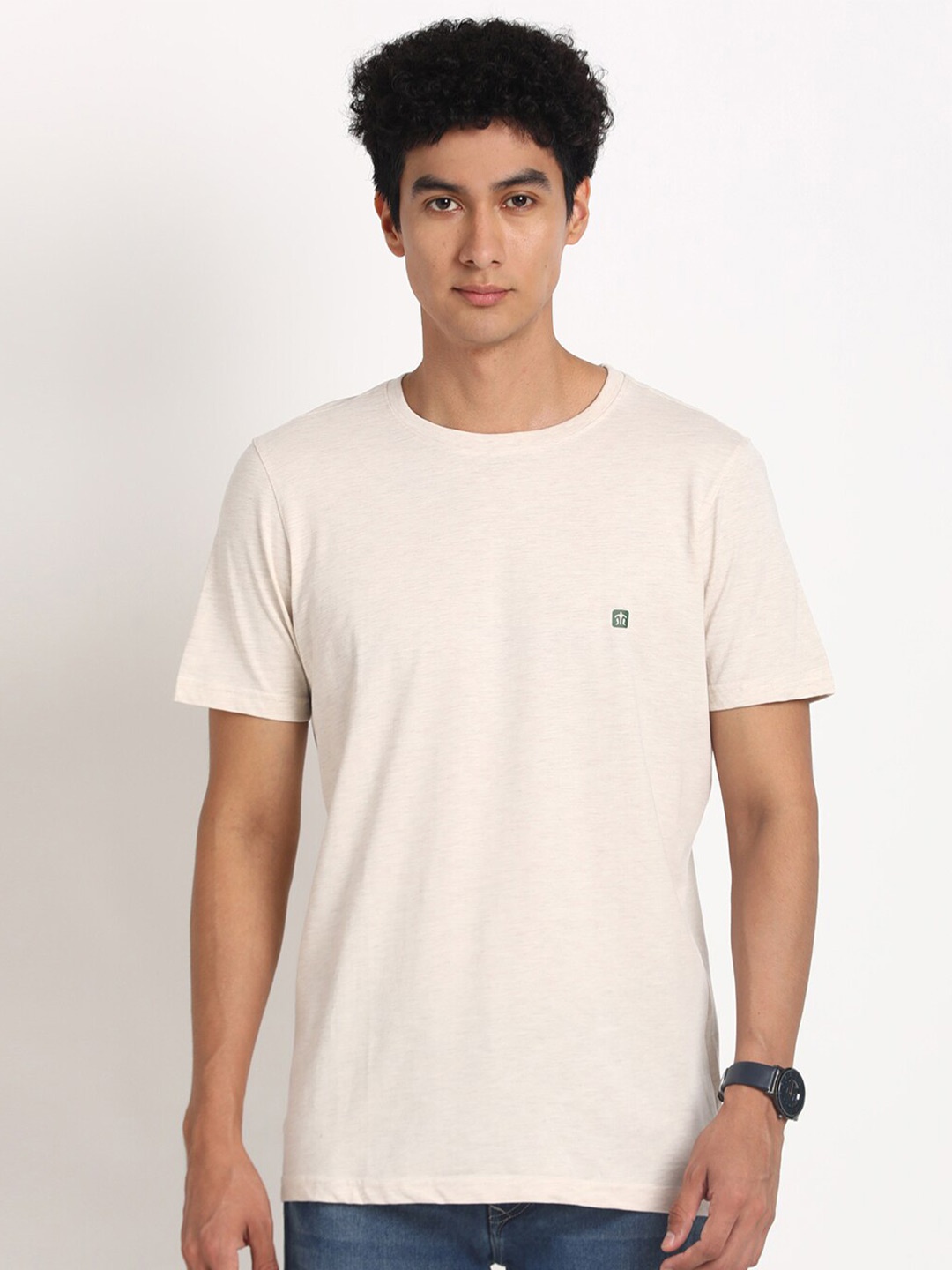 

Turtle Round Neck Pure Cotton Slim Fit T-shirt, Cream