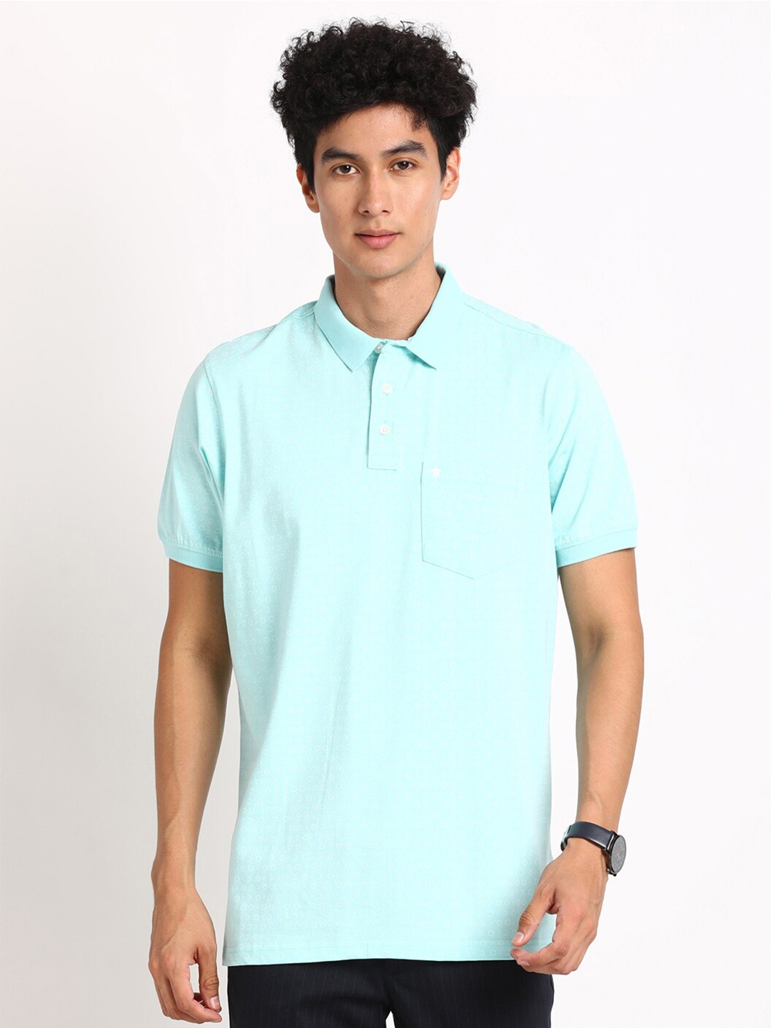 

Turtle Geometric Printed Polo Collar Pure Cotton Slim Fit T-shirt, Turquoise blue