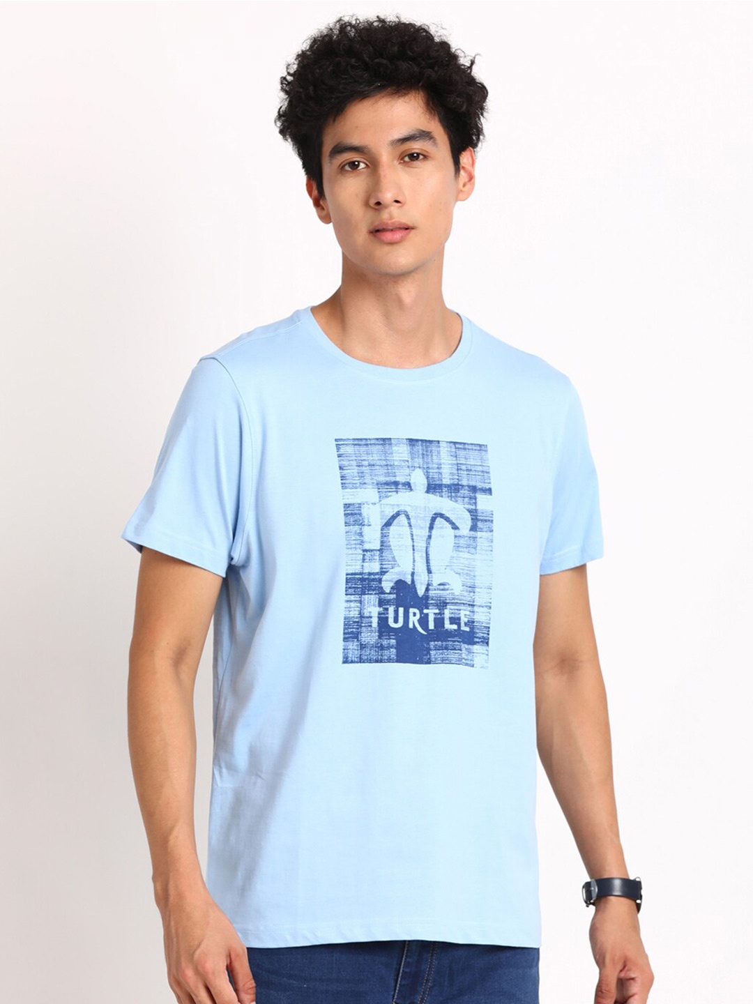 

Turtle Typography Printed Pure Cotton Slim Fit T-shirt, Blue