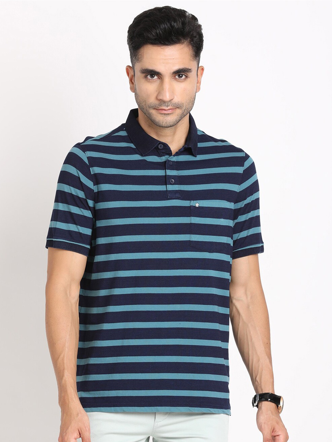 

Turtle Striped Polo Collar Pure Cotton Slim Fit T-shirt, Navy blue